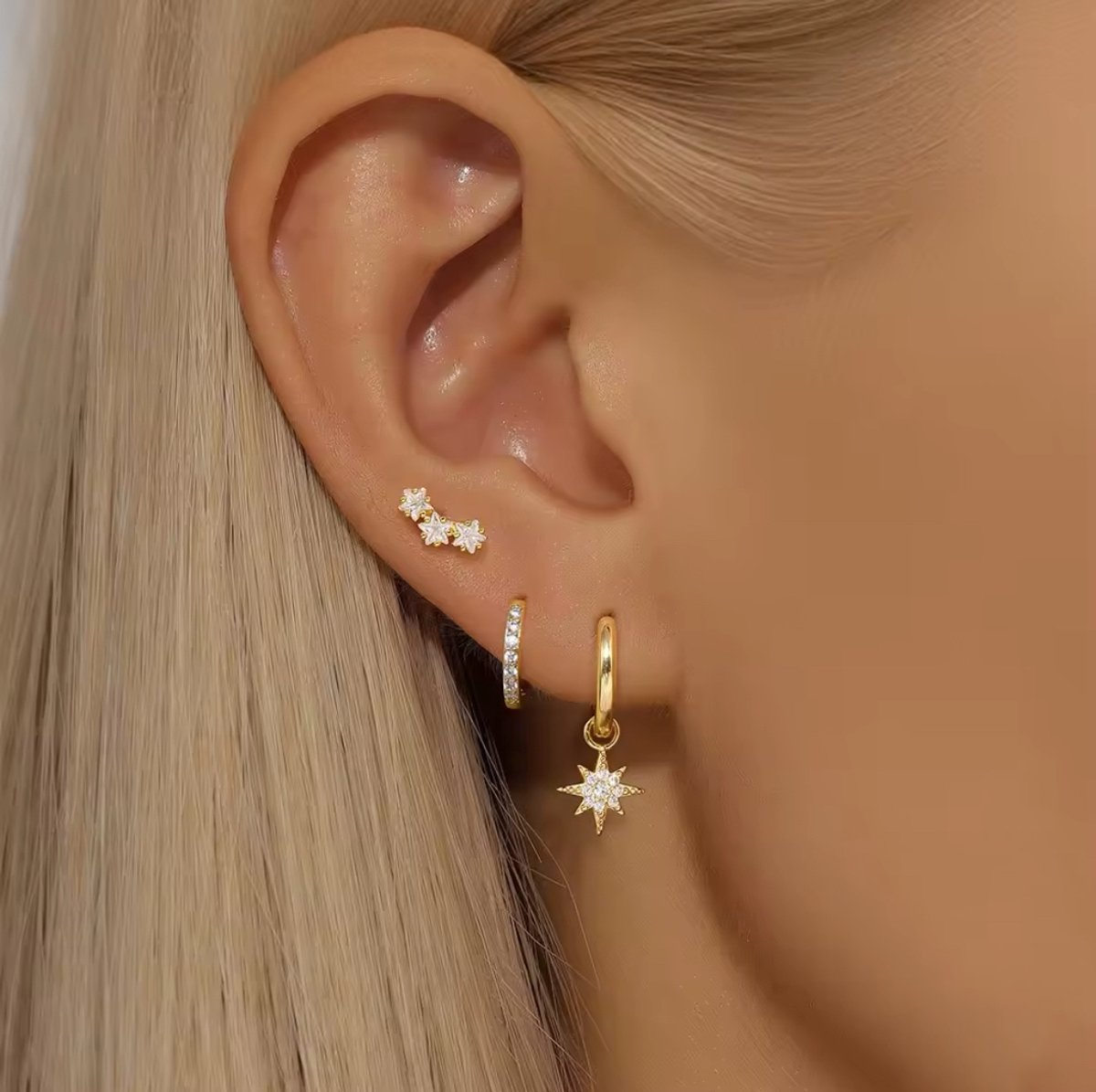 Twinkle Sterretje Oorbellen Set met Zirkonia Stenen- 925 Sterling Zilver - 18K Verguld Dames Oorbellen - Dames Sieraden