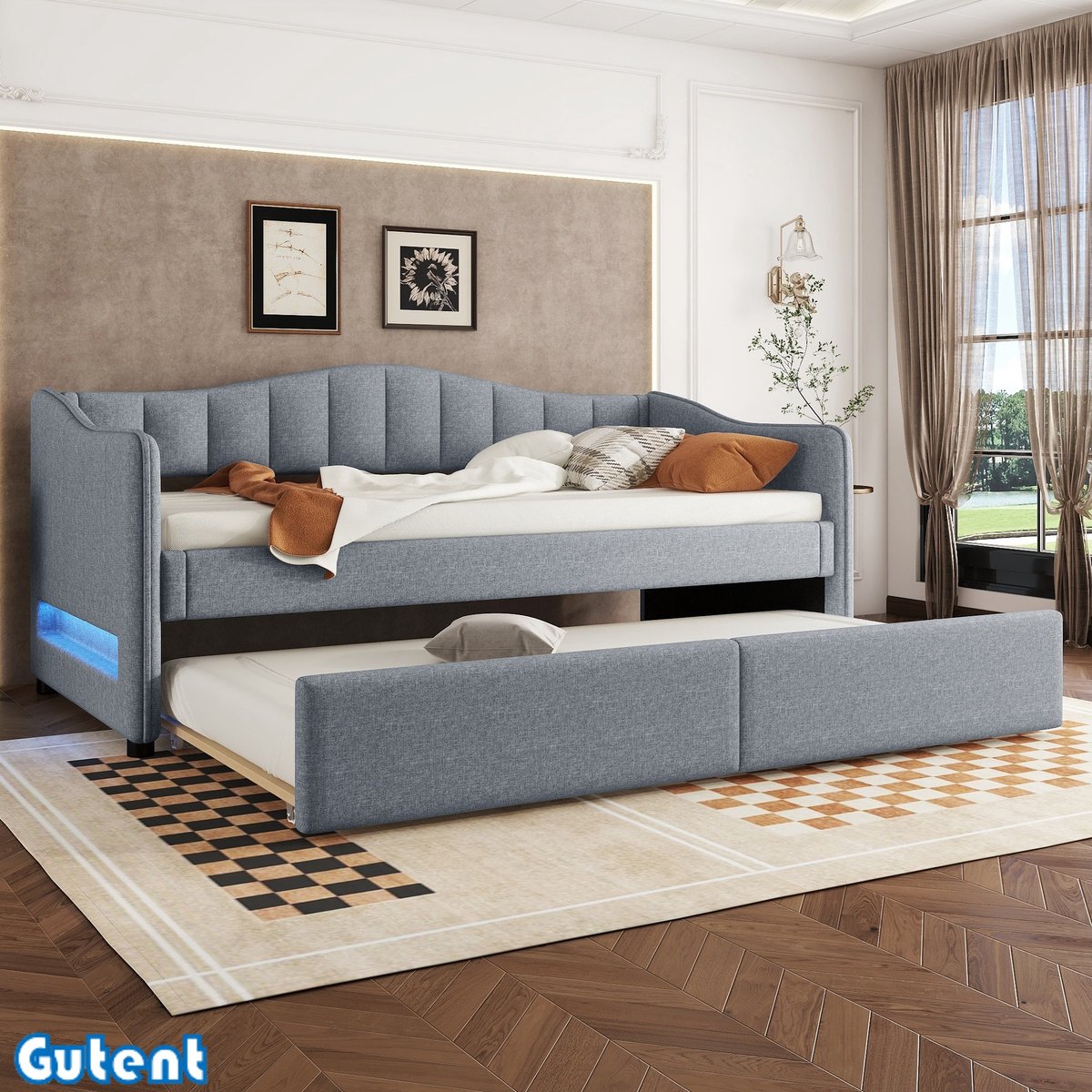 Gutent Slaapbank - 90x200 cm - met uitschuifbaar bed - zonder matras - Ambient Light design - Linnen - Grijs