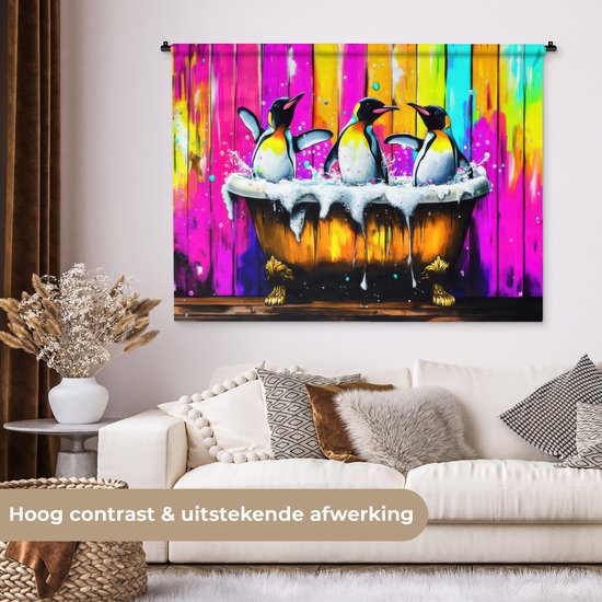 Wandkleed 150x112 cm - Wanddoek Pinguïns - Badkuip - Kleurrijk - Schuim - Wandtapijt - Wandkleden