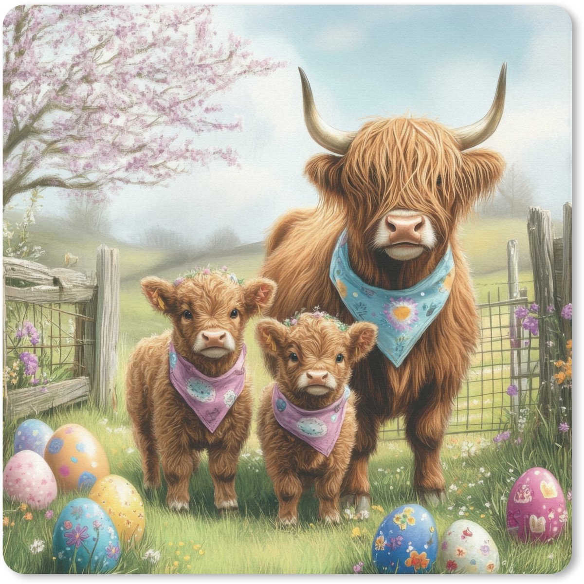 Muismat 20x20 cm - Mousepad Schotsehooglanders - Paaseieren - Lente - Muismatten