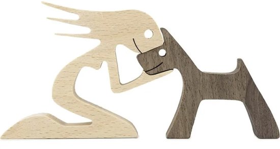 Houten beeldje - Vrouw en hond- Model 14