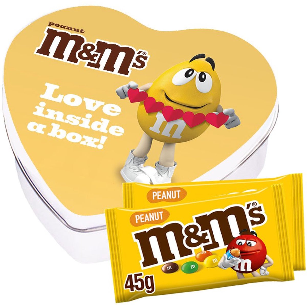 M&M's geschenkdoos hartje 'Love inside a box' - chocolade met pindasmaak - chocoladecadeau - 2 zakjes M&M's - 90g