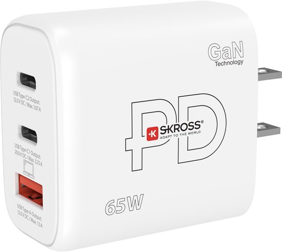 Chargeur Skross Power 65W PD GaN US USB Chargeur Intérieur Courant de sortie (max.) 3,25 A Nombre de sorties : 3 x USB 2.0 bus A,