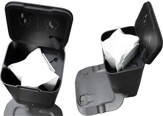 Zwarte opvangbak voor iRobot Roomba s9+ met een witte stofzak erin, met open deksel.
