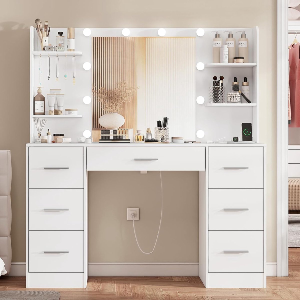 Grote Make-up Tafel met Verstelbare LED Verlichting en Spiegel - 7 Lades, 4 Opbergvakken en Sieradenhaken - Wit
