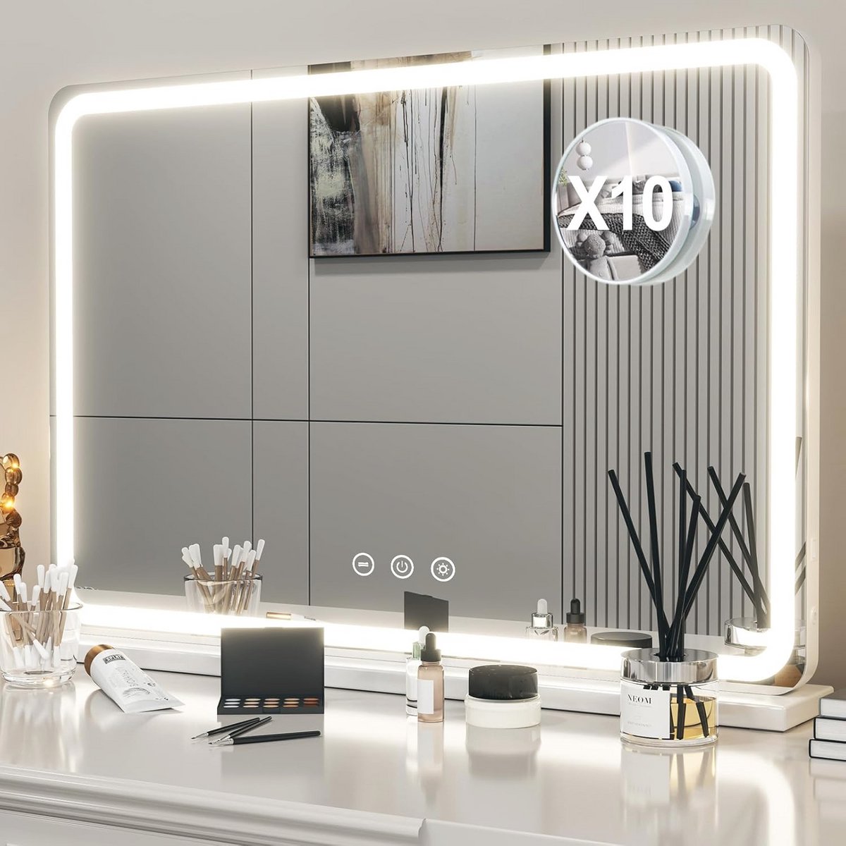 Make-up Spiegel 80x55 cm met Dimbare LED Lampen - Cosmetica Spiegel met 3 Verlichtingsmodi en Geheugenfunctie