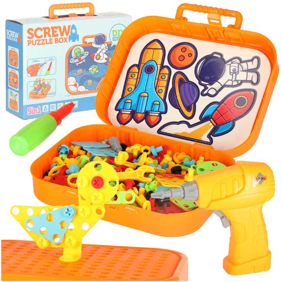 Playos® - Constructiespeelgoed in Koffer - Ruimte - Oranje - 285 delig - met Boormachine - Schroevendraai Speelgoed - Educatief