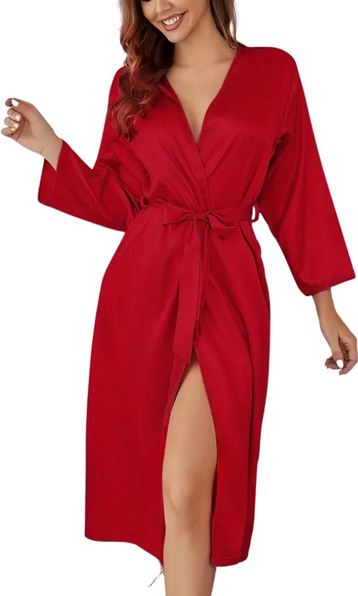 Livano Satijnen Badjas Dames - Kimono - Kamerjas - Satijn - Ochtendjas - Pyjama - Rood - Maat M