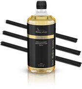 Beauty & Care vanille geurstokjes refill 1L in een doorzichtige fles met etiket en zwarte geurstokjes.