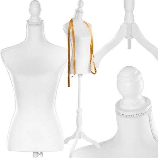 tectake® Damesbuste - Kleermaker Dummy, Buste Torso met Houten Standaard - In Hoogte Verstelbaar: 133 – 168 cm - Diverse Modellen - (Wit | Nr. 402566)