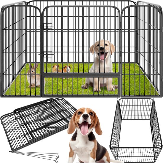 tectake® Puppyren - 70 cm Hoog, 4 Roosters - Puppybox, Buitenverblijf, Opvouwbare Dierenbox - Hondenbox met Deur - Geschikt voor Honden, Katten, Konijnen en Kleine Dieren - Zwart- 125 x 85 x 70 cm