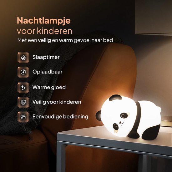 Nachtlampje Kinderen - Mobstore Panda Nachtlampje - Draadloos & Oplaadbaar - Touch Bediening - Dimbaar LED Licht - Timerfunctie - Slaaptrainer - Ideaal voor Babykamer & Kinderkamer - Siliconen Bedlampje van Mobstore — afbeelding 3