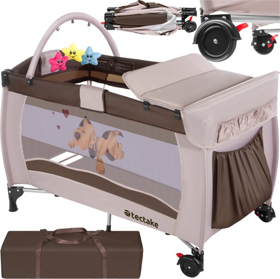 tectake® Kinderreisbedje in hoogte verstelbaar met aankleedkussen en draagtas - Incl. boog met speelfiguren - 132x75x104 cm - diverse kleuren - Bruin