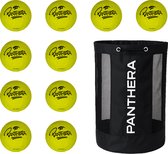 Set van 10 neon gele handballen met zwart 'PANTHERA' logo en één zwarte mesh sporttas.
