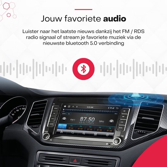 Multimedia systeem met Bluetooth 5.0 en FM/RDS radio in een auto-interieur. Met tekst "Jouw favoriete audio".