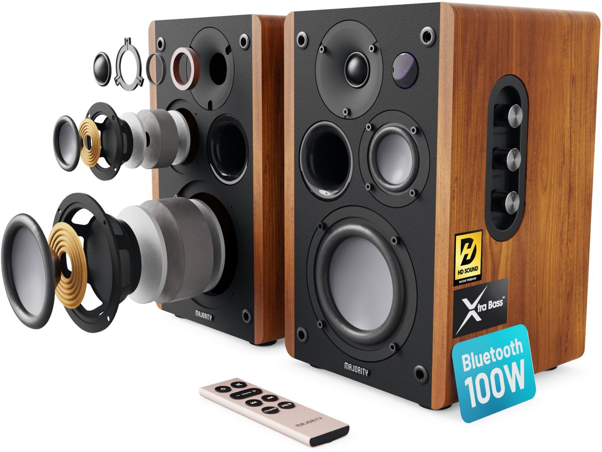Majority D100 Bookshelf Speakers - 100W - Bluetooth - Hoofdtelefoonaansluiting - Hout