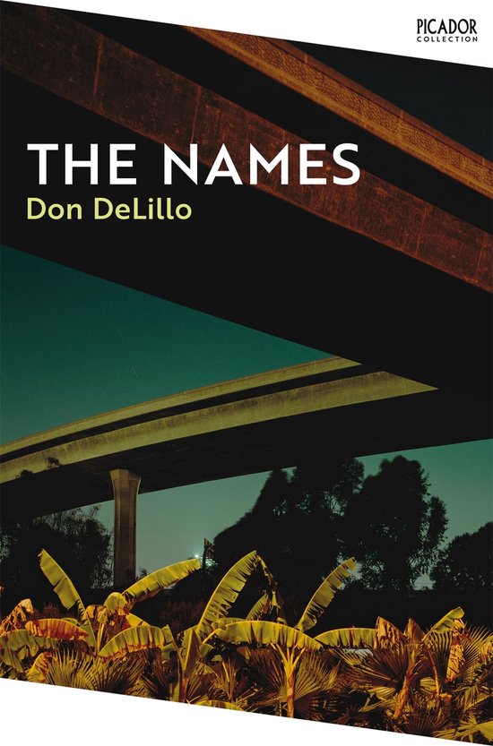 Boek kaft: 'THE NAMES' van Don DeLillo met een bovengrondse snelweg en bananenbladeren.