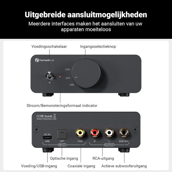Fosi Audio Q6 - Mini Desktop DAC - USB C Digitaal naar Analoog Audio Converter - OPT/COA Ingang - RCA Uitgang -Sub-Out -Hi-Res 32bit/768kHz — afbeelding 4