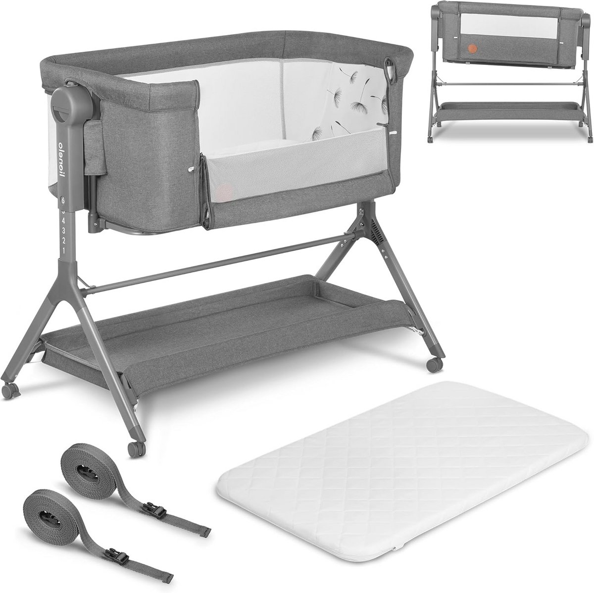 Image of 3 in 1 Vrijstaand Kinderbed tot 9kg met Uitschuifbed en Wieg - Hoogteverstelling, Afneembare Zijkant, Wielen met Rem, Grote Mand