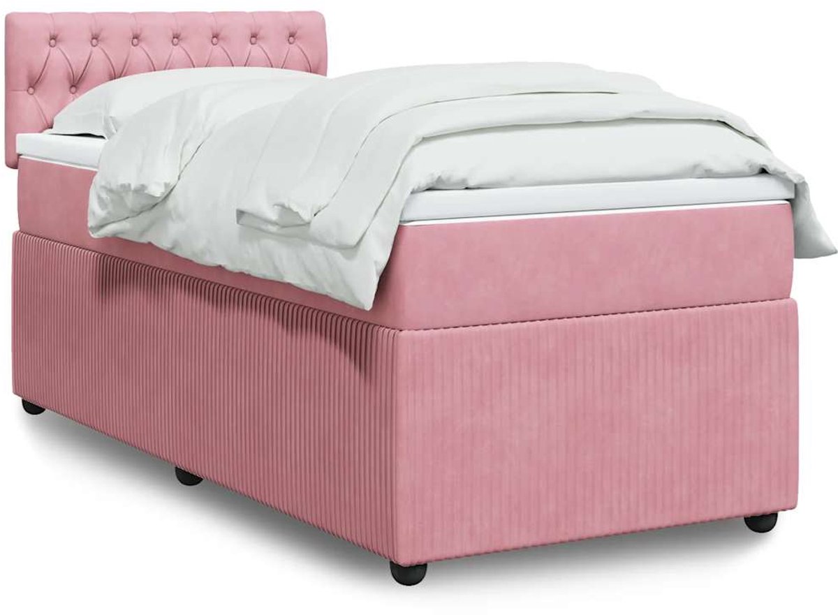 vidaXL - Boxspring - met - matras - fluweel - roze - 90x200 - cm