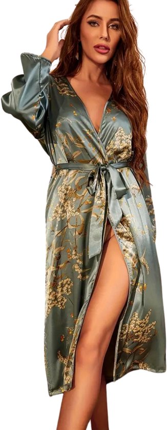 Badjas en satin Bovista Femme - Kimono - Robe de chambre - Satin - Robe de chambre - Pyjama - Vert - Taille S