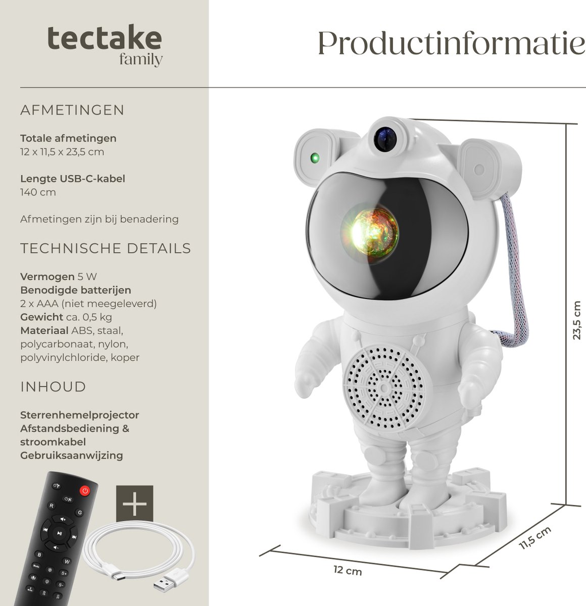 tectake® LED Sterrenhemel Projector - Astronaut Nachtlampje - Kinderlamp - Sterrenlamp voor Kinderen - Galaxy Projector met Timer - Inclusief Bluetooth en Muziekfunctie - 360° Draaibare Lamp met Sterren, Maan en Nevel – foto 5