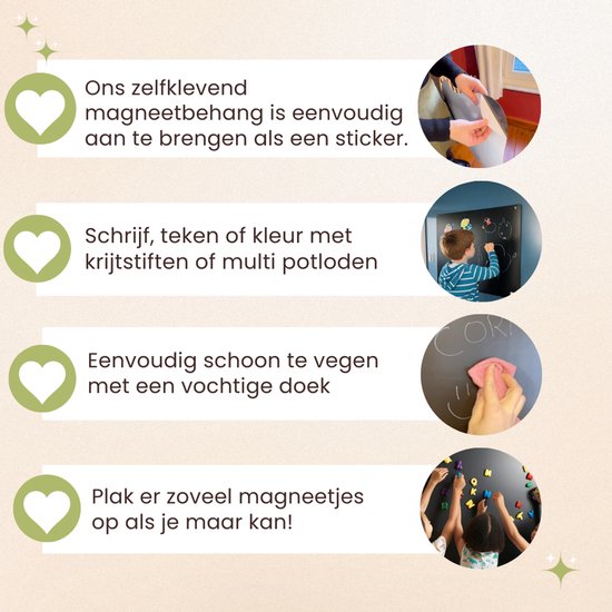 Afbeelding met uitleg over de magnetische krijtbord sticker: makkelijk aan te brengen, beschrijfbaar met krijt of potlood, makkelijk schoon te maken, en magneten erop te plakken.