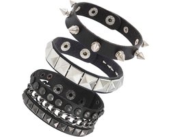 Punk Rock Leather Bracelets 3pcs Adjustable Spiked Leather Cuff Bracelet for Men Women 80s Gothic Spike Bracelets for Halloween Party Accessories One Size Faux Leather