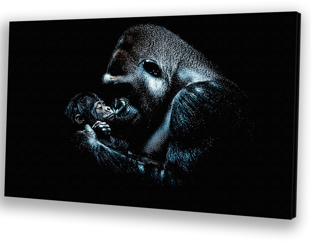 Gorilla en baby in tedere omhelzing - Gorilla canvas schilderijen - Canvas schilderijen dieren - Digital Art - Muurdecoratie kinderkamer - Muur kunst - canvas 45x30 cm