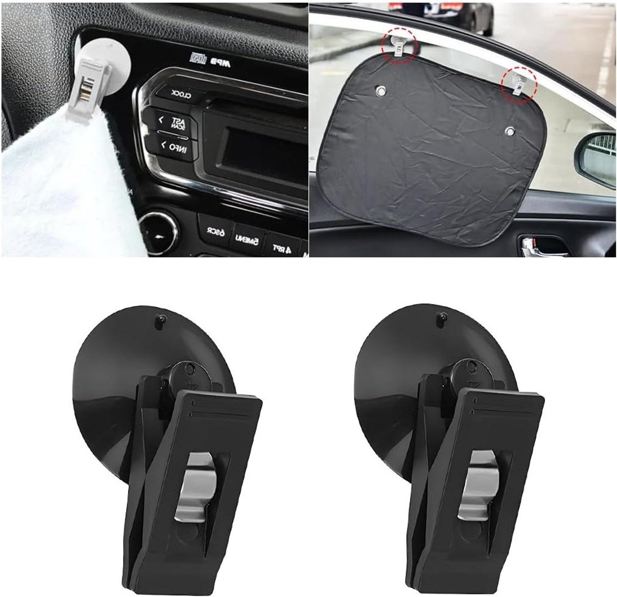 Set of 4 Car Suction Cup Clip Parking Card Holder Ticket Holder Reusable Clamp with Suction Cup for Car Window (Black)