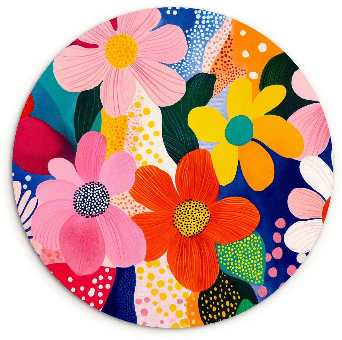WallCircle Wandcirkel 60x60 cm - Muurcirkel Bloemen - Kleurrijk - Stippen - Muurdecoratie woonkamer - Wanddecoratie slaapkamer - Kamer decoratie accessoires - Ronde schilderijen Stippen - Vormen - Modern