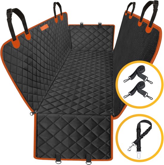 Couverture pour chien Jake et Jacky pour siège arrière et coffre de voiture - Couverture de voiture pour chien - Housse de protection pour voiture - Tapis pour chien - Incl. Laisse pour chien, laisses suspendues et sac de rangement