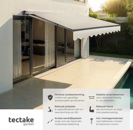 Store banne à bras articulés tectake® - 250 x 200 cm - Protection solaire pour fenêtres, balcons et extérieurs - Montage mural - Résistant à Water et aux UV - Beige