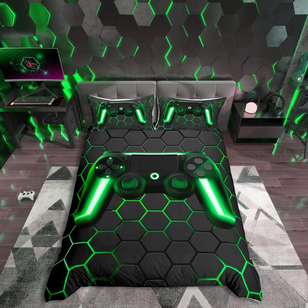 Unyqoos Neon Geometrisch Gamer Dekbedovertrek voor Kinderen en Tieners, Bijenkorf Ontwerp, 2-Delige Set kleur 9