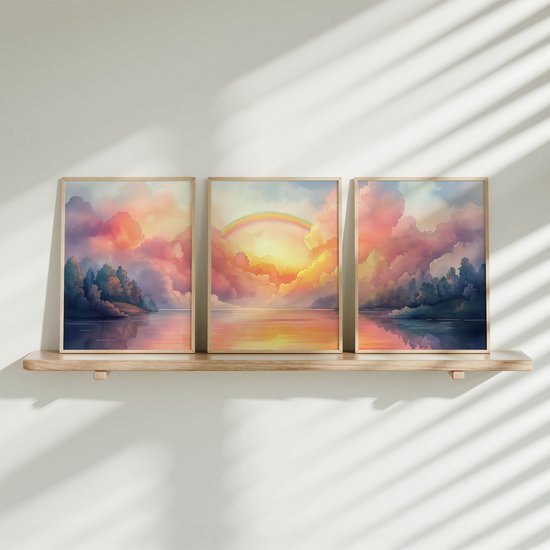 FineArtia - Magische Zonsondergang met Regenboog en Meer - Poster Set - 3 stuks - 20-x-30-cm - Meisjeskamer - Babykamer - Babyshower Cadeau - Wanddecoratie - Kinderkamer decoratie - Muurdecoratie - Kinderposter - Zonder Lijst