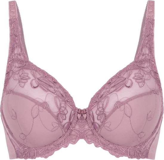 Soutien-gorge armatures rose avec broderie florale et bords en dentelle.