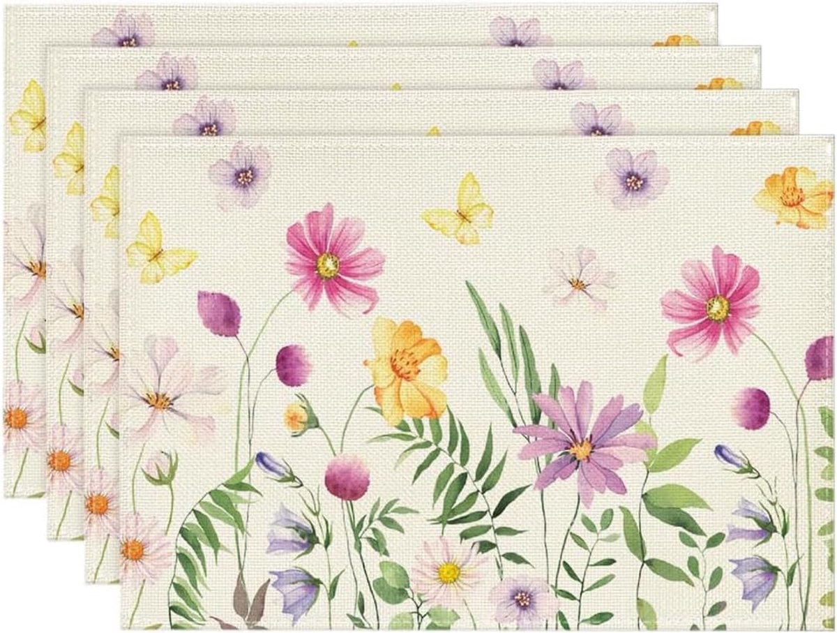 Set van 4, katoenen stof, bloemen, vlinder, decoratieve