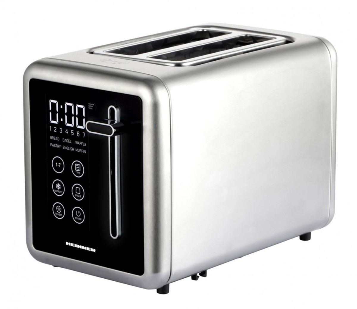 Heinner Digitale Broodrooster – 720-850 W – 2 Sneetjes – Touchbediening – 7 Bruiningsstanden – Ontdooien, Opwarmen en Annuleren – Uitneembare Kruimellade – RVS/Zwart