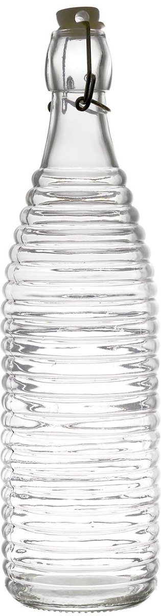 Glazen Beugelfles 1L – Herbruikbare Waterfles van Transparant Glas – Ribbelpatroon – Met Beugelsluiting – Fles voor Water, Sap, Limonade – BPA-vrij