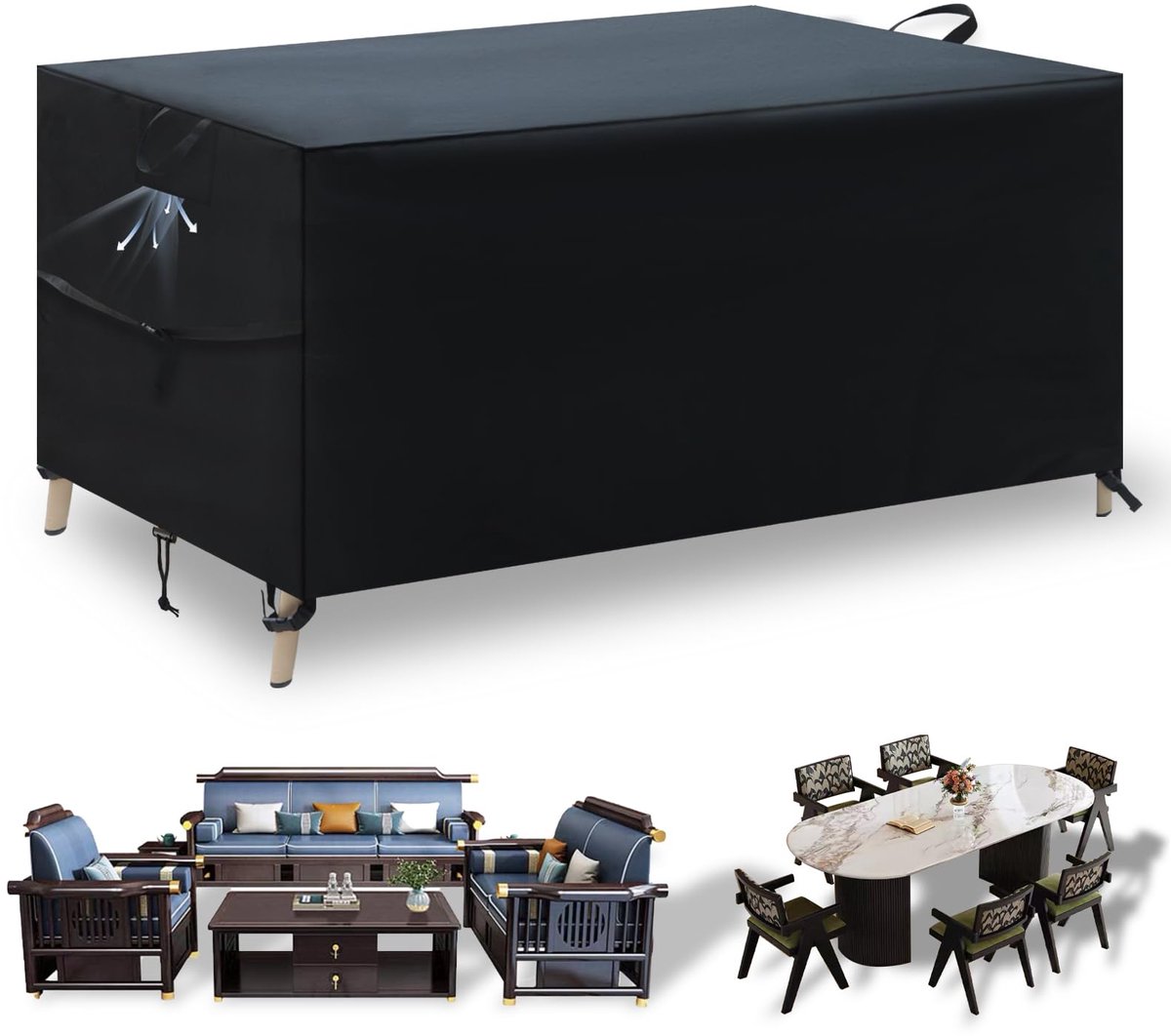 Unyqoos ® Weerbestendige Beschermhoes voor Tuinmeubelen met Geavanceerde Ventilatie en UV-Bescherming, 180 x 120 x 74 cm zwart