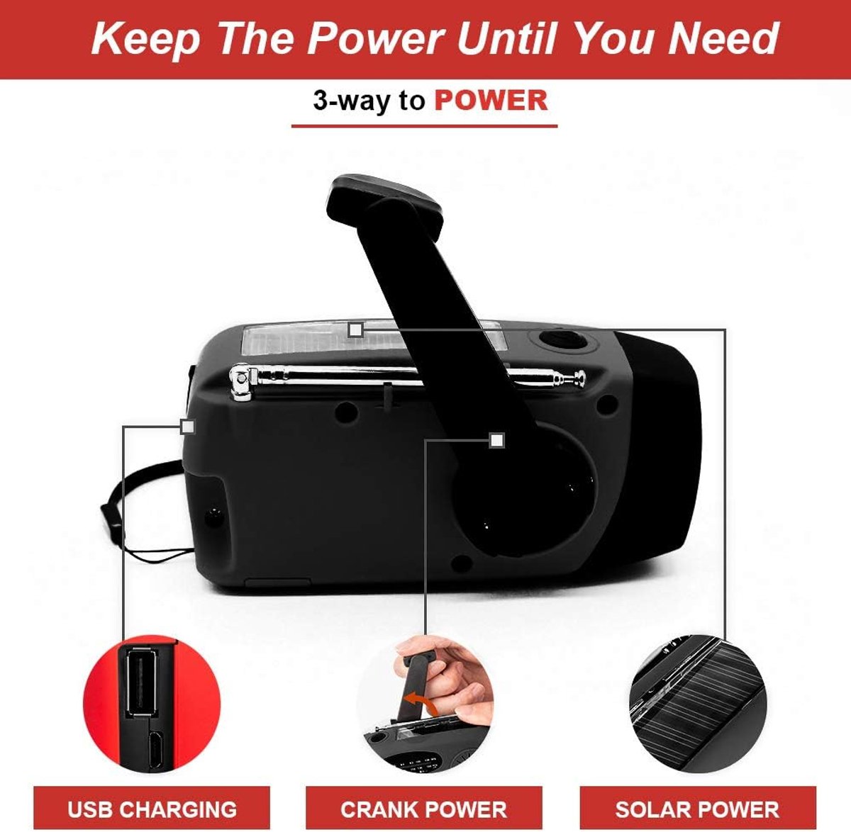 FM/AM/WB - Solar - Zaklamp - Powerbank- mini-noodoverlevingsradio op zonne - Noodradio Op Batterijen -energie - met 3 LED's Superheldere zaklamp 2000mAh batterij - aangedreven powerbank Smartphone-oplader - zwart – foto 3