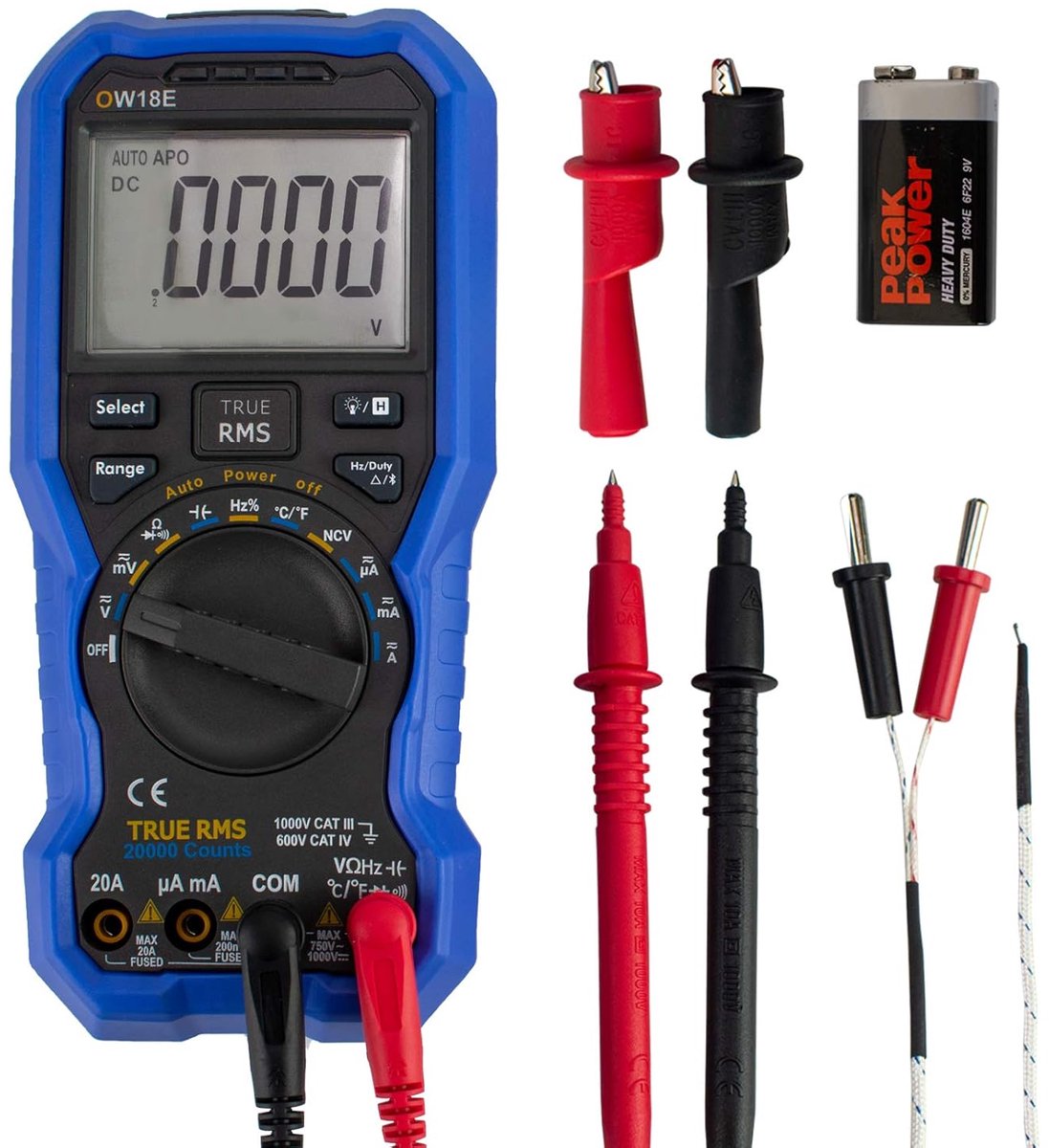 Digitale multimeter met Bluetooth, 20.000 tellingen, voltmeter, ampèremeter, ohmmeter en circuitcontrole