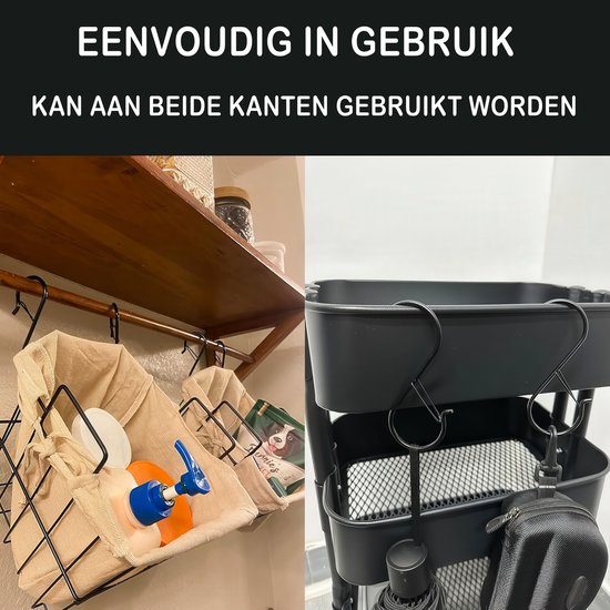 Collage van zwarte S-haken die een mand met verzorgingsproducten en een opbergkar ophangen.