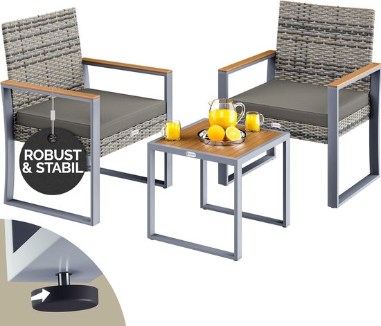 Weerbestendige Polyrattan Tuinmeubelset 2 Stoelen en Tafel voor Balkon en Terras - Verstelbare Hoogte, Belastbaar tot 160kg, Inclusief Comfortabele Kussens