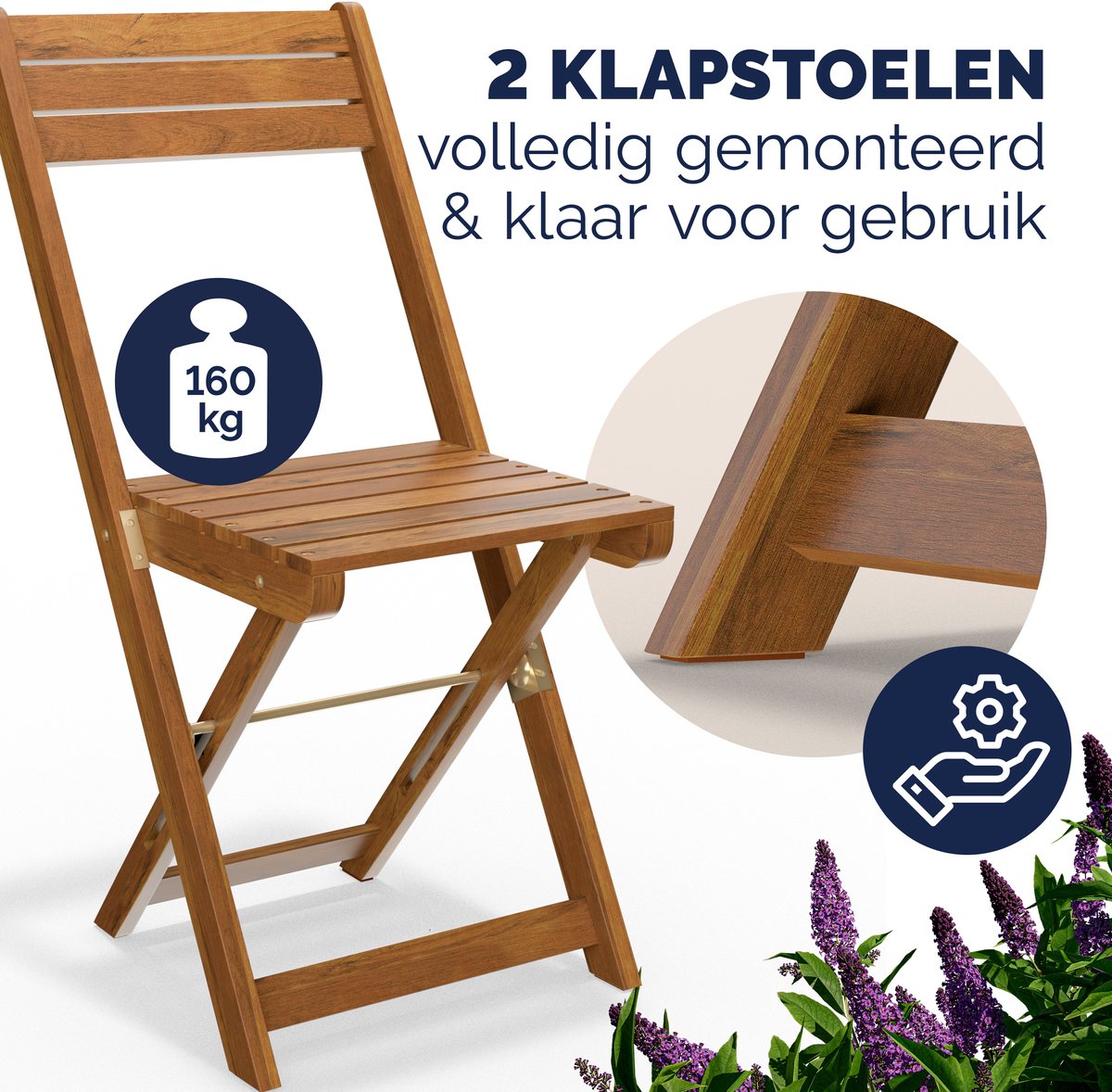 Casaria Tuinset – 1 Tafel 2 Stoelen Acaciahout Inklapbaar – Bruin – foto 2