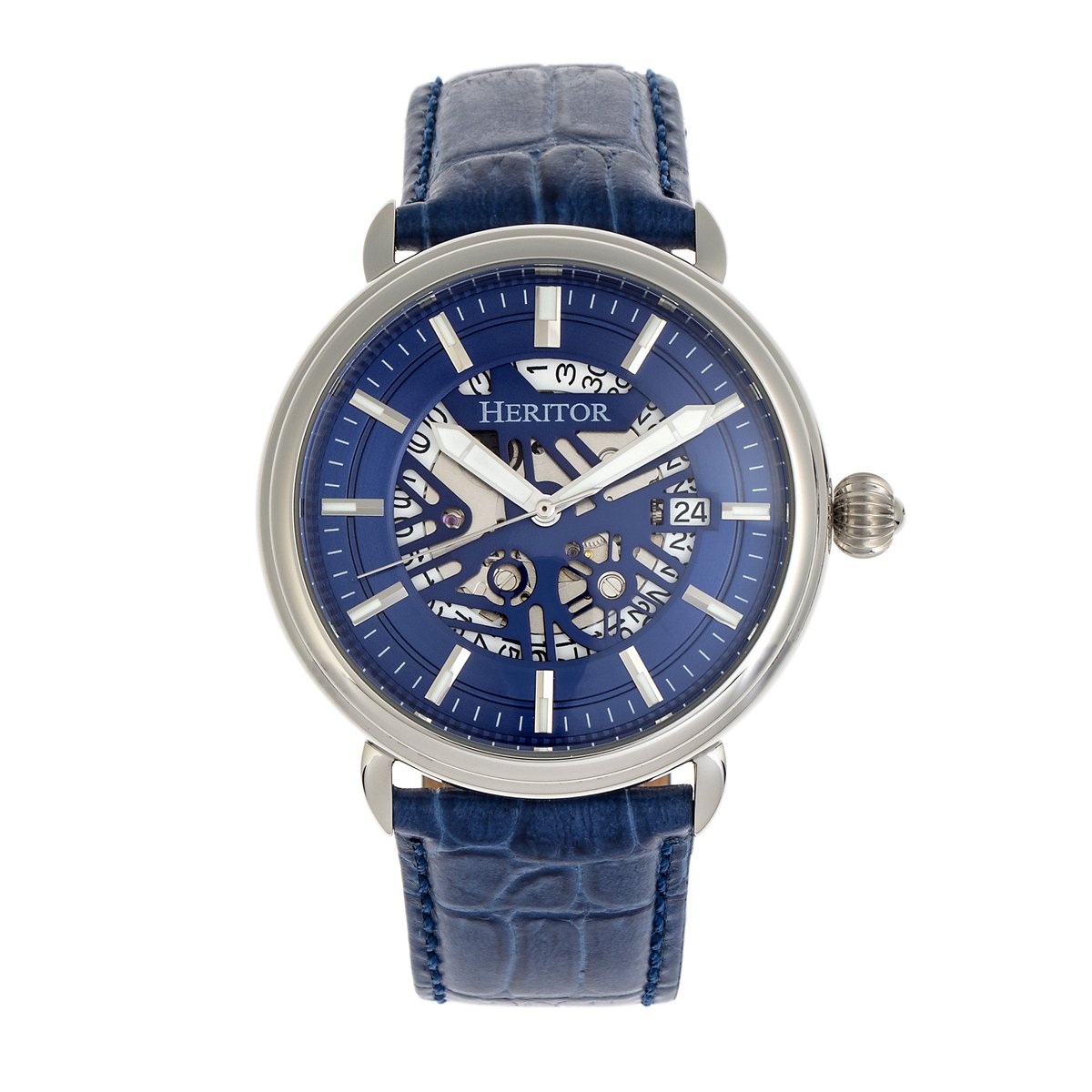 Heritor Automatic Mattias leren band horloge met datum - zilver-blauw