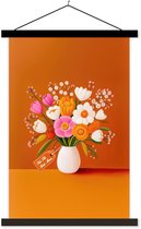 Posterhanger incl. Poster 40x60 cm - Schoolplaat - Vaas - Bloemen - Oranje - Textielposter - Zwarte latten
