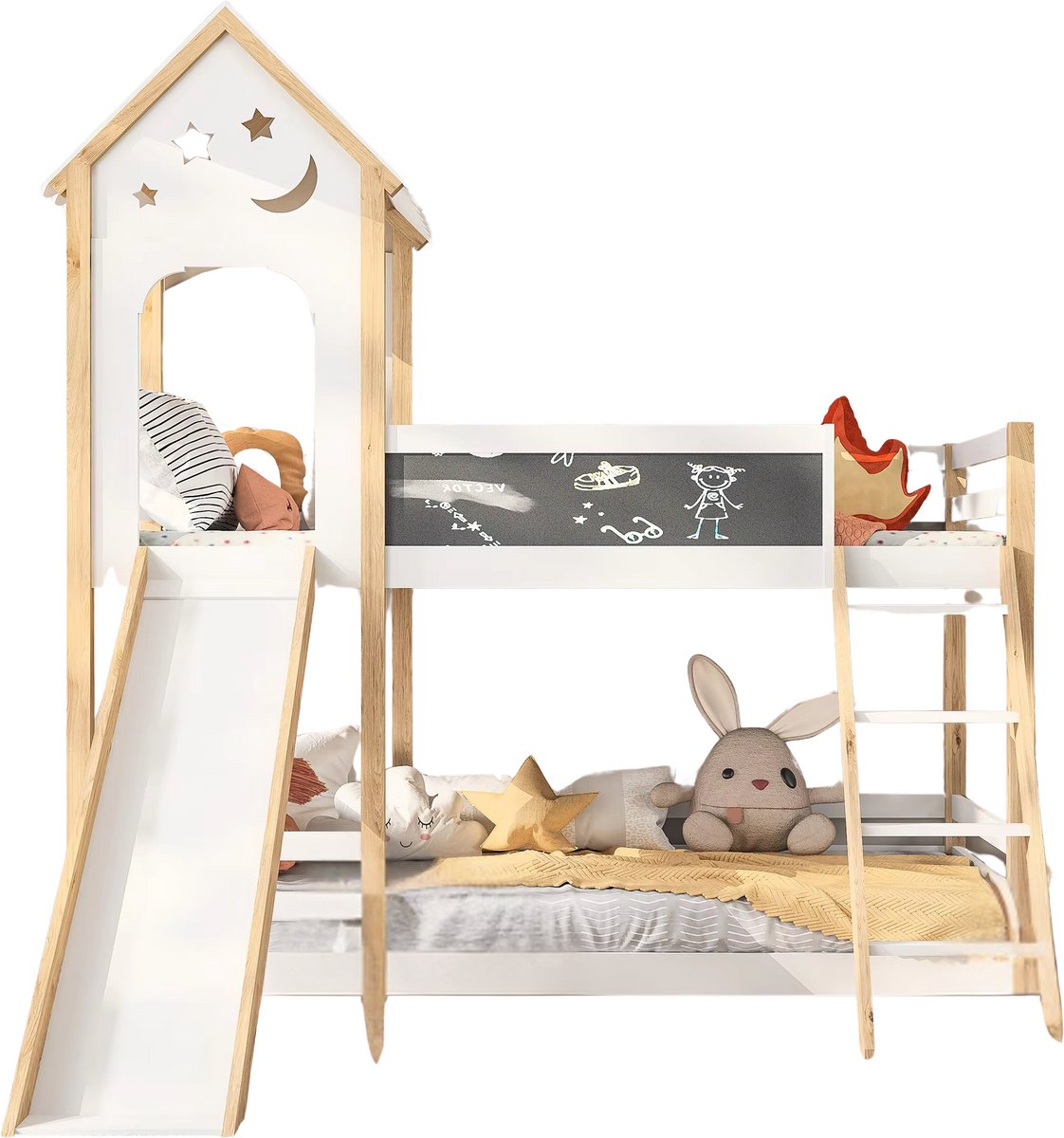 Bolt Edge Stapelbed voor kinderen - Met glijbaan - 90x200 cm - 2 kinderbedden - Met Hoektrap, valbeveiliging en raam - Peuterbed Wit