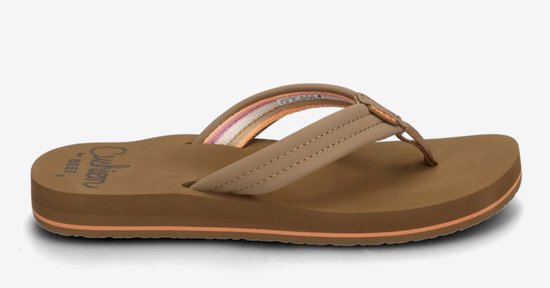 Zij-aanzicht van cognacbruine Reef slippers met gekleurde strepen in de bandjes.