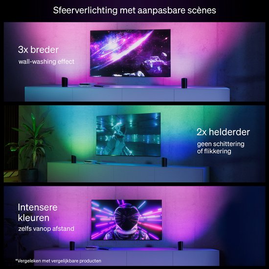Trois exemples de Philips Hue Play wall washers projetant une lumière colorée autour d'une télévision.